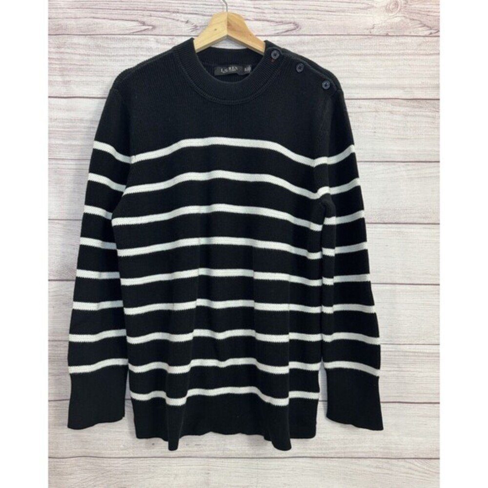 Lauren Ralph Lauren Sweater Womens 2X  Black Striped Button Shoulder Black Label